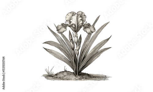 Iris Laevigata Flore Pleno Flowers, Vintage Japanese Botanical Engraving, Vector Illustration, heritage flora artwork, antique bloom art, garden decor, traditional print, png.