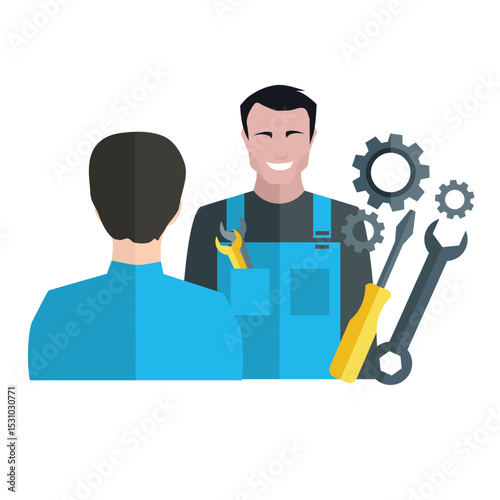 Mechanic and customer discussing repairs with tools and gears around them
