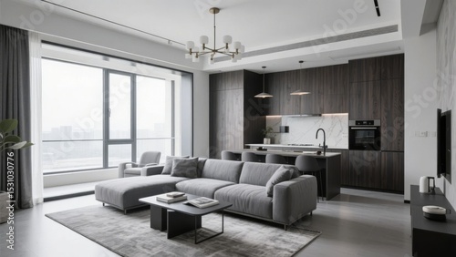 Modern Open-Plan Living and Kitchen Space with Large Windows