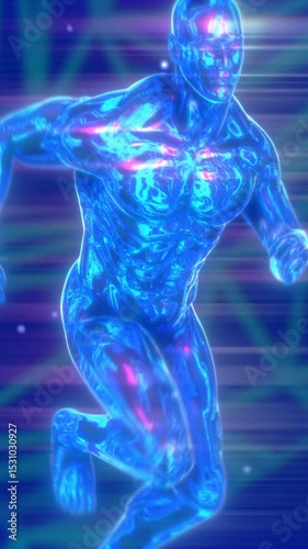 Retro Futuristic seamless vertical video of a metal man running in a grid laser landscape