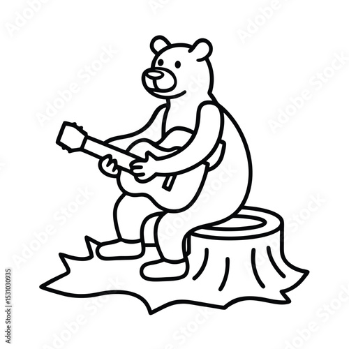 Outlien art illustration of a happy bear playing a guitar while seated on a tree stump smiling