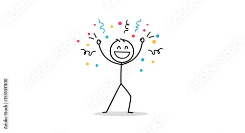 Joyful Stick Figure Celebrates with Confetti