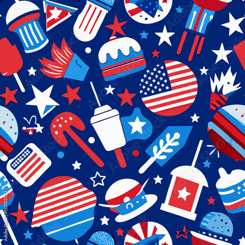 Vector seamless pattern with holiday icons in patriotic color palette. Patriotic symbols [holiday] [celebration elements].