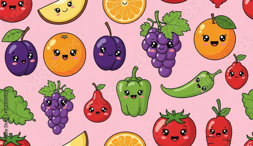 Cute Smiling Fruits and Vegetables Seamless Pattern | Kawaii Food Cartoon Background for Kids Fashion and Healthy Eating Marketing