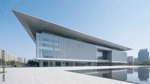 Modern Architectural Building with Reflective Glass Facade and Angular Roof Design