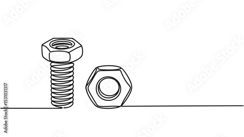 Continuous Line Drawing Bolt and Nut on a Horizontal Line