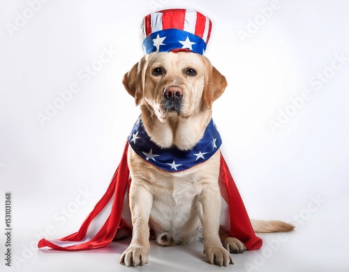 labrador retriever in uncle sam costume; white background photo