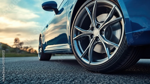 Car parked on the roadside, close-up of front wheel showing brake disc, rim design, and asphalt texture.