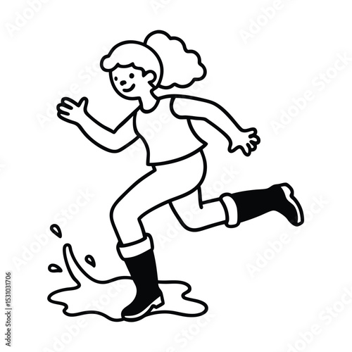 Playful outlien art illustration of a girl splashing in a puddle wearing rain boots on a rainy day