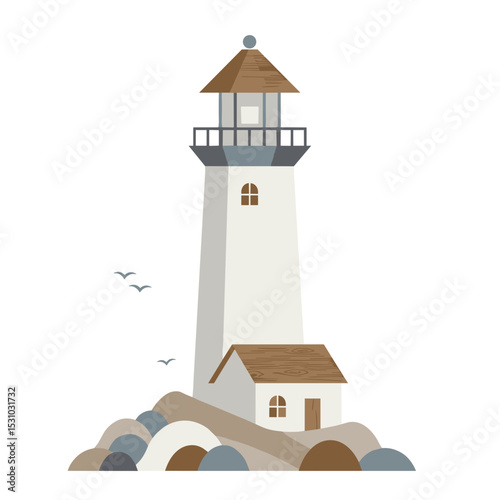 Scandinavian lighthouse with wooden house on rocky coast