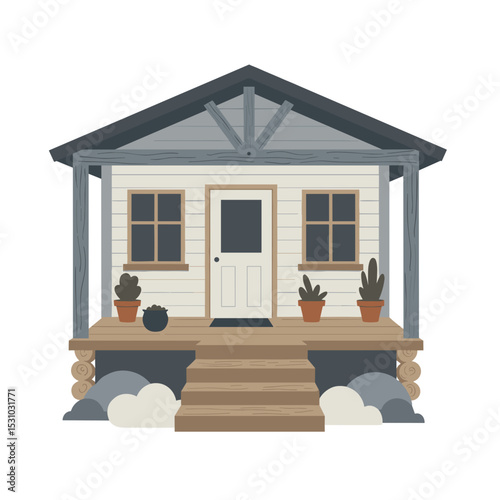 Scandinavian wooden house with front porch and potted plants

