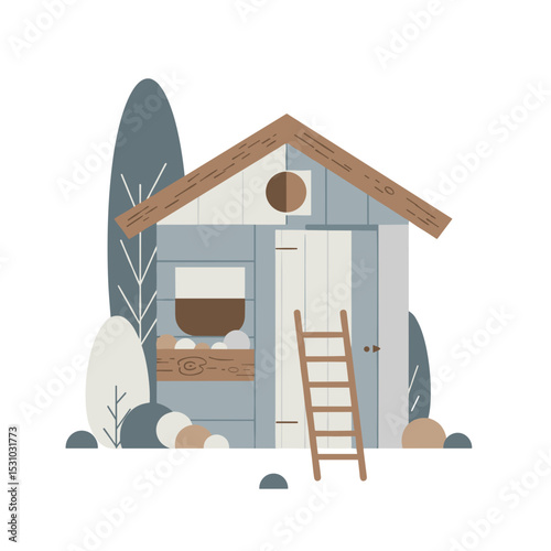 Small Scandinavian garden shed with ladder and minimal plants