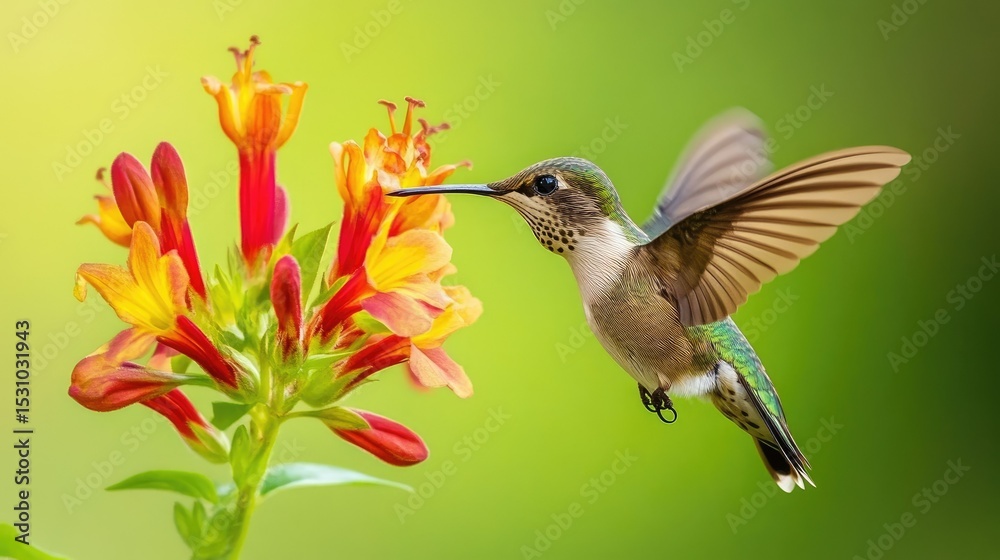 Obraz premium Close-up of a hummingbird hovering next to a vibrant flower, wings blurred in motion as it reaches for nectar against a soft green background.