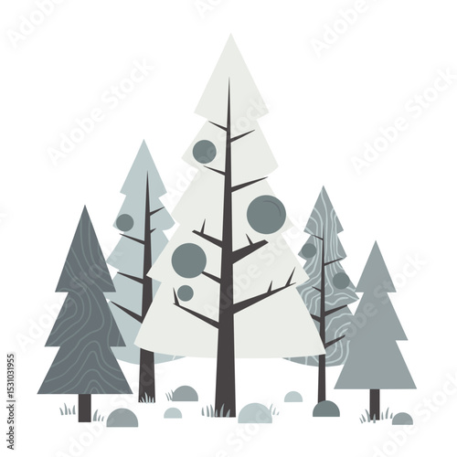 Stylized pine trees with wood texture in Scandinavian forest scene