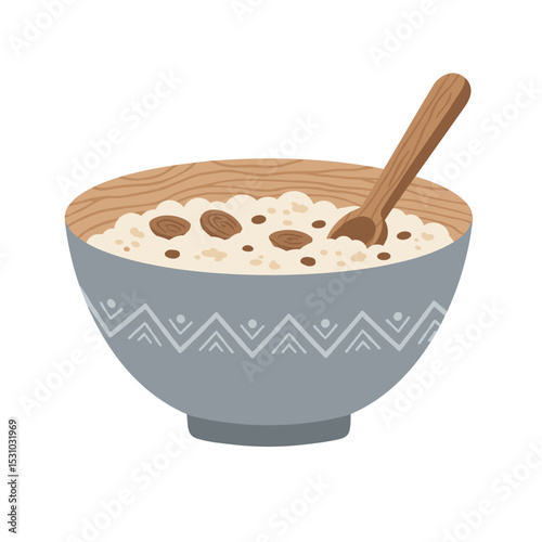 Bowl of porridge with raisins and wooden spoon in Nordic design

