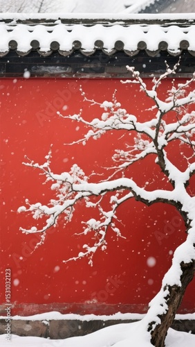 Snow-covered branches against a vibrant red wall under a snowy sky