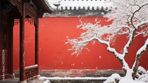 Snow-covered tree in front of a vibrant red wall with traditional architecture