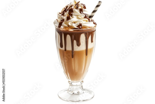 Frothy Mocha Frappe in Glass with Chocolate Drizzle and Striped Straw