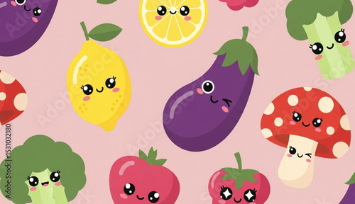 Cute Kawaii Fruits and Vegetables Seamless Pattern on Pink Background | Playful Food Illustration for Kids Products, Packaging Design and Healthy Eating Education
