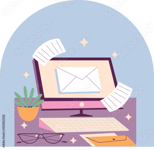 Stylish desk setup with computer displaying email and office essentials vector