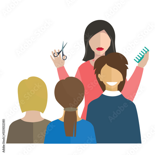 Stylist with scissors and comb attending to clients at salon vector art