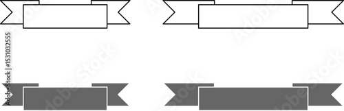 Decorative Folded Black and White Short and Long Ribbon Banner Symbol Icon Set with Empty Space for Text. Vector Image.