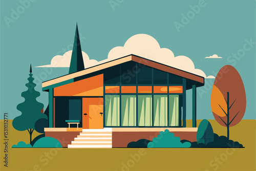 Tiny Midcentury Modern House Vector Illustration Minimalist Architecture Drawing