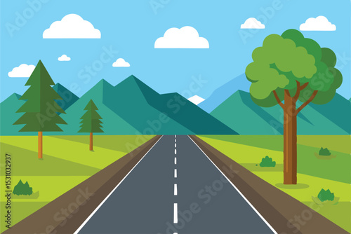 2D Roadside View Vector Illustration Clean Landscape Simple Trees Clean Vector