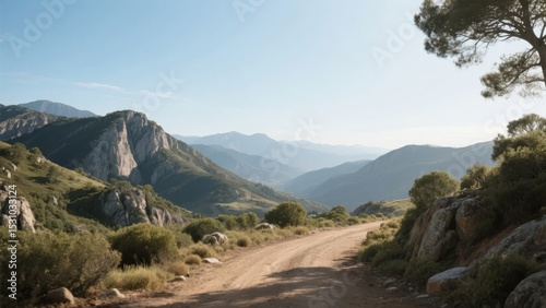 Winding dirt road through rugged mountain terrain under a clear blue sky