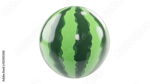 Glossy Green Watermelon with Dark Stripes on a White Background, Realistic Design
