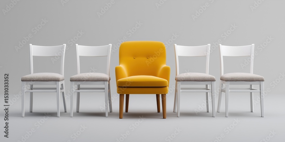 Fototapeta premium Yellow armchair amidst white chairs in minimalist setting