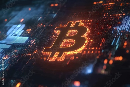 The glowing bitcoin symbol on a circuit board.
