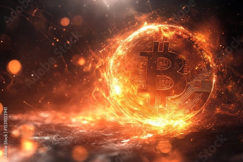 Fiery digital currency symbol in a blazing digital space.