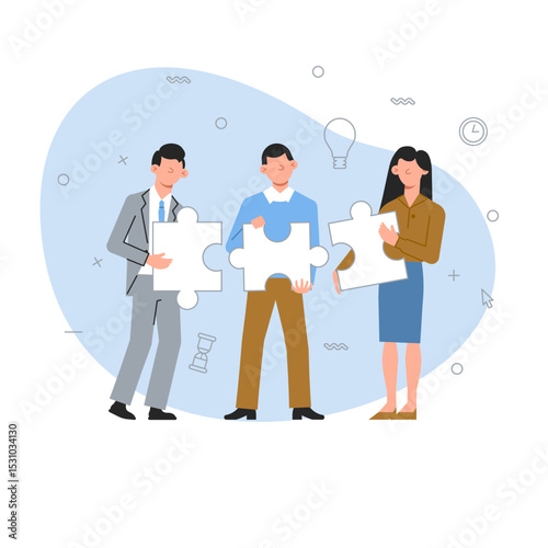 Teamwork illustration of professionals solving a puzzle together