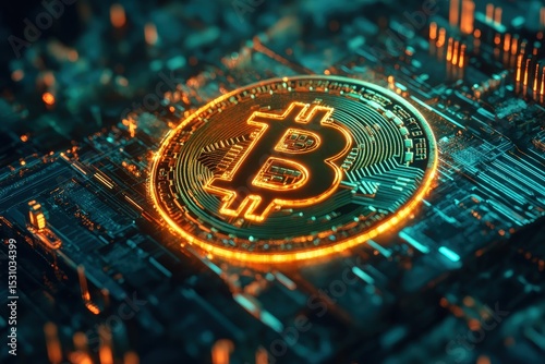 Golden bitcoin symbol on a circuit board.