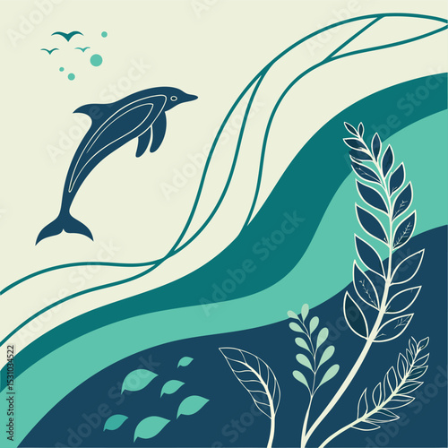 Teal Blue Dolphin Leaping Ocean Waves Aquatic Plants