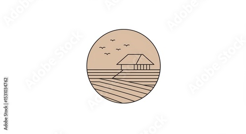 Minimalist Landscape: Rural Home, Fields, and Sky in Circular Frame.