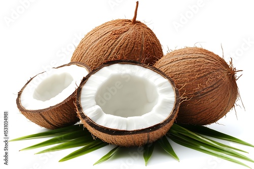 Group of Whole and Halved Coconuts with Green Fronds on a White Background