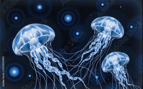 Three luminous jellyfish gracefully float in a dark cosmic ocean their tentacles elegantly trailing