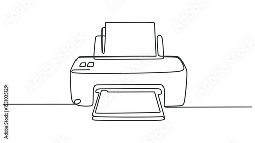 Continuous Line Drawing of a Printer with Paper and Tray
