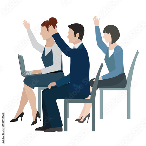 Three business colleagues raising hands during a meeting in the office space