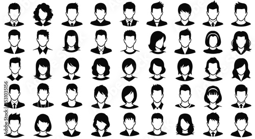 Selection of forty-five different people avatars with different haircuts wearing black or dark clothing