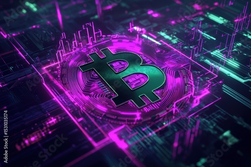 Cryptocurrency symbol bitcoin on a circuit board.