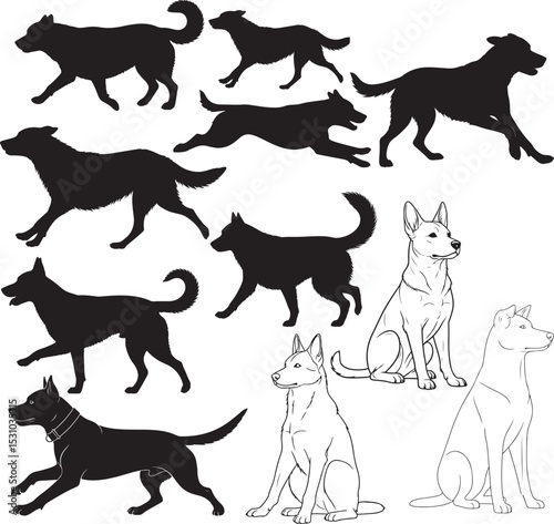 Dog Silhouettes – Solid Black & Outline Vector Set