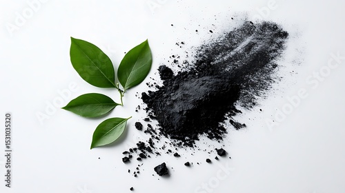 Green Leaves and Black Powder Composition on White Background Still Life View
