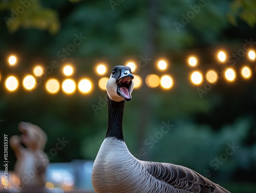 Canada Goose Singing Outdoors Under Festive String Lights at a Summer Celebration Event