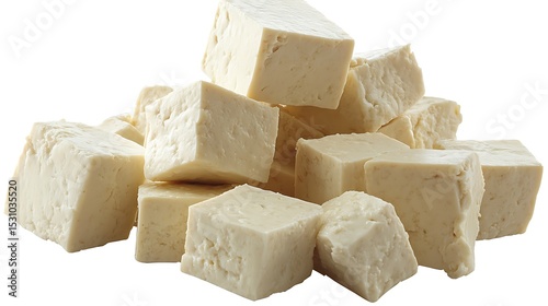 Heap of Fresh White Cheese Curds Cubes on Transparent Background, Isolated