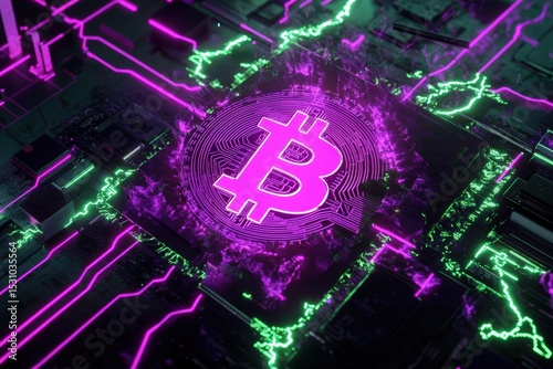 Bitcoin symbol embedded in a circuit board.
