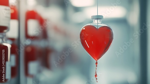 HeartShaped Bottle Filled with Red Liquid, with Drips in a Healthcare Environment