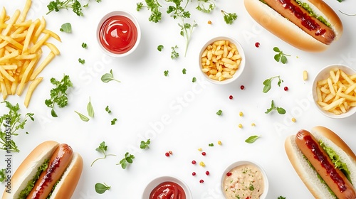 Hot Dogs & French Fries with Ketchup, Relish, Parsley, & Microgreens on White Background